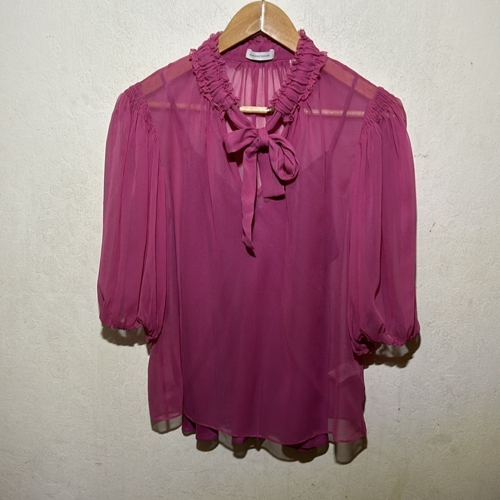 Rebecca Taylor Silk Bow Blouse In Azalea Size Small - Picture 3 of 8